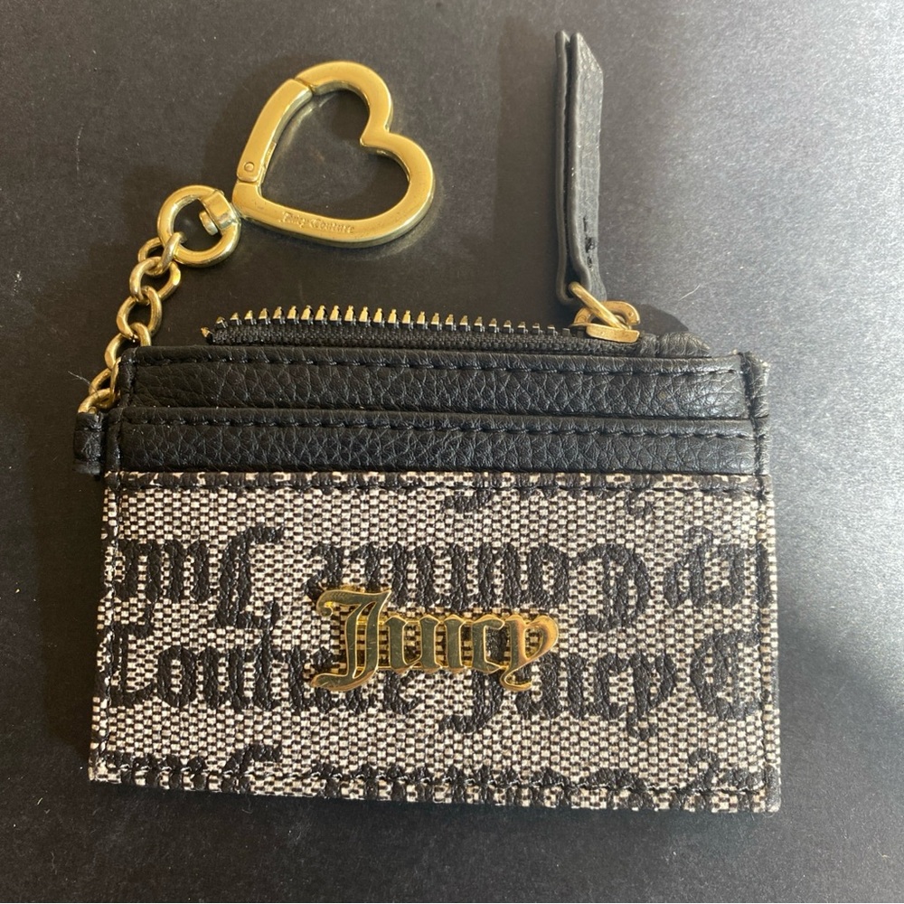 Juicy Couture Signature Compact Wallet Card Black Holder W/Gold Heart Key Chain